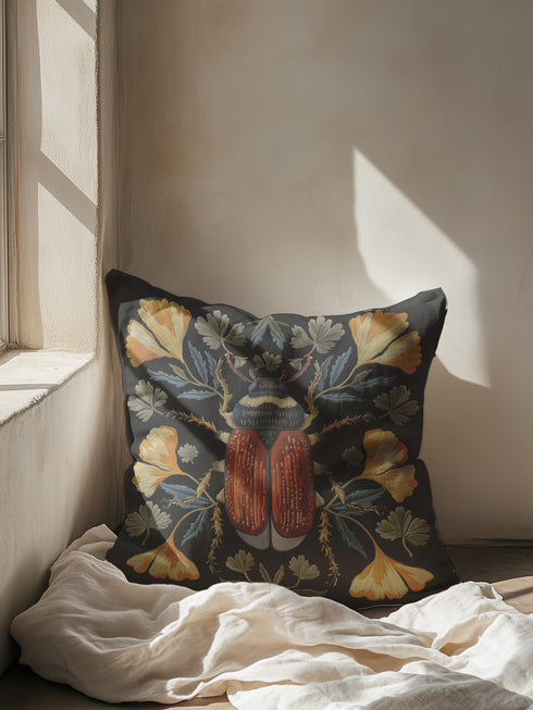 Luxury black pillowcase featuring a detailed scarab beetle with vibrant red-orange wings and dark thorax, surrounded by symmetrical golden ginkgo leaves and blue-green foliage. The intricate entomology artwork creates a striking focal point with scientific precision and artistic flair.